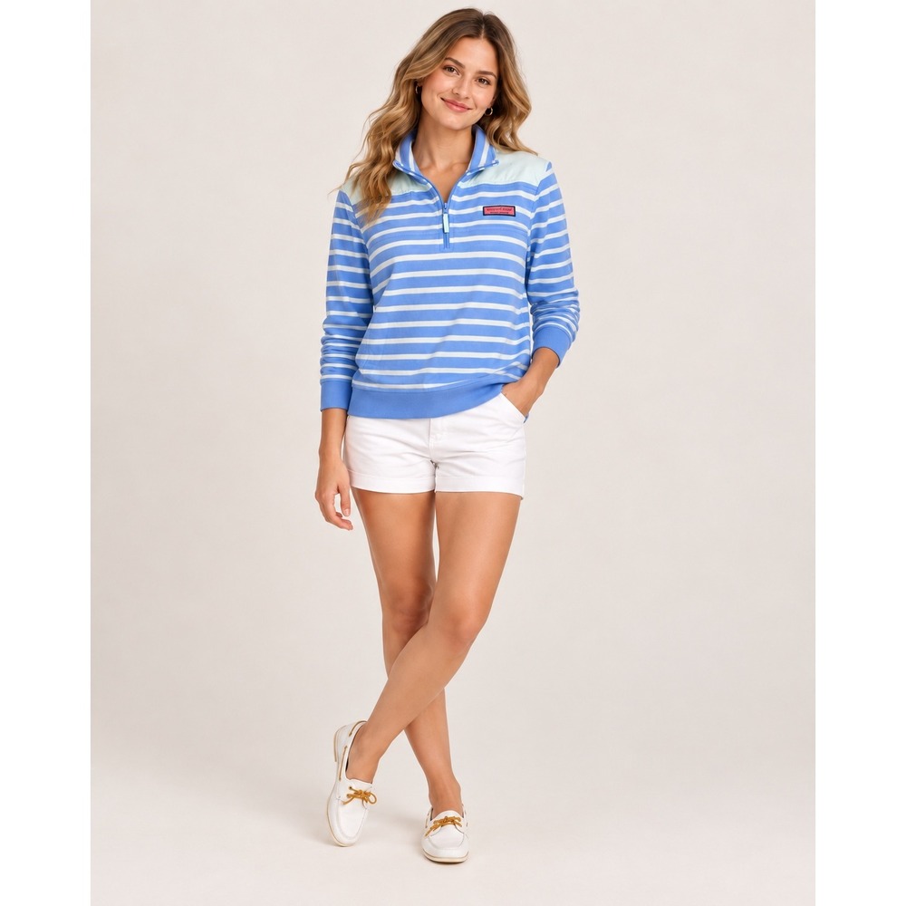 Vineyard Vines Women's Striped 1/4 Zip Pullover Blue White Nautical Preppy XL